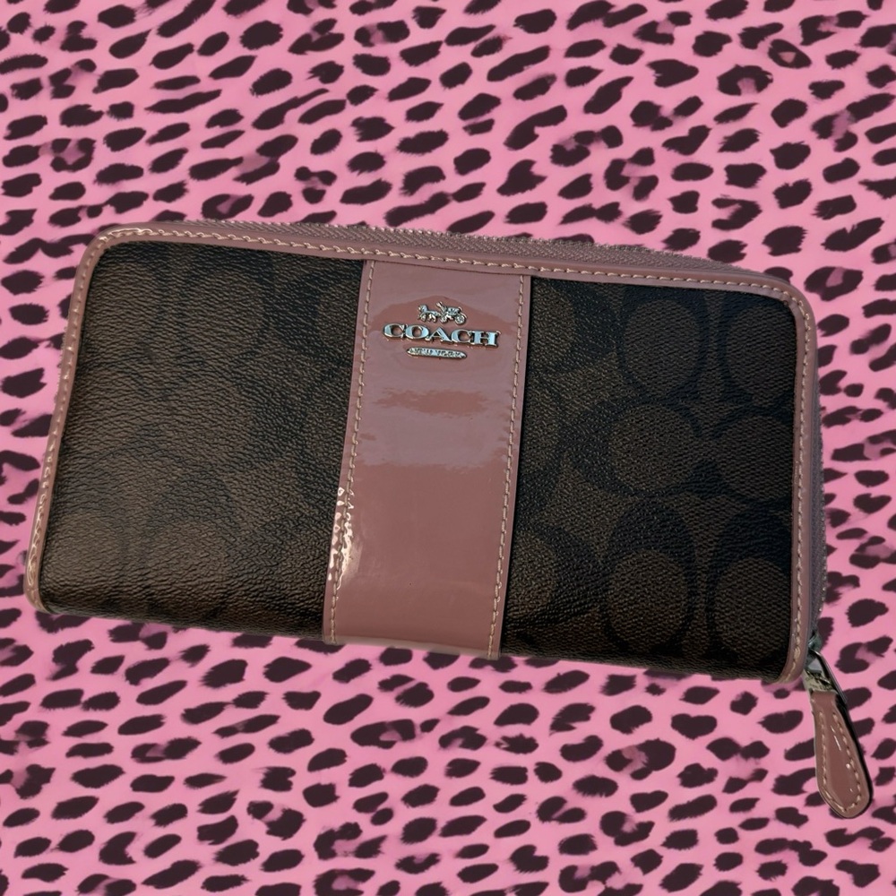 Coach Zip Wallet, Accordion Style, Signature Canvas, Blush Pink Trim - F54630